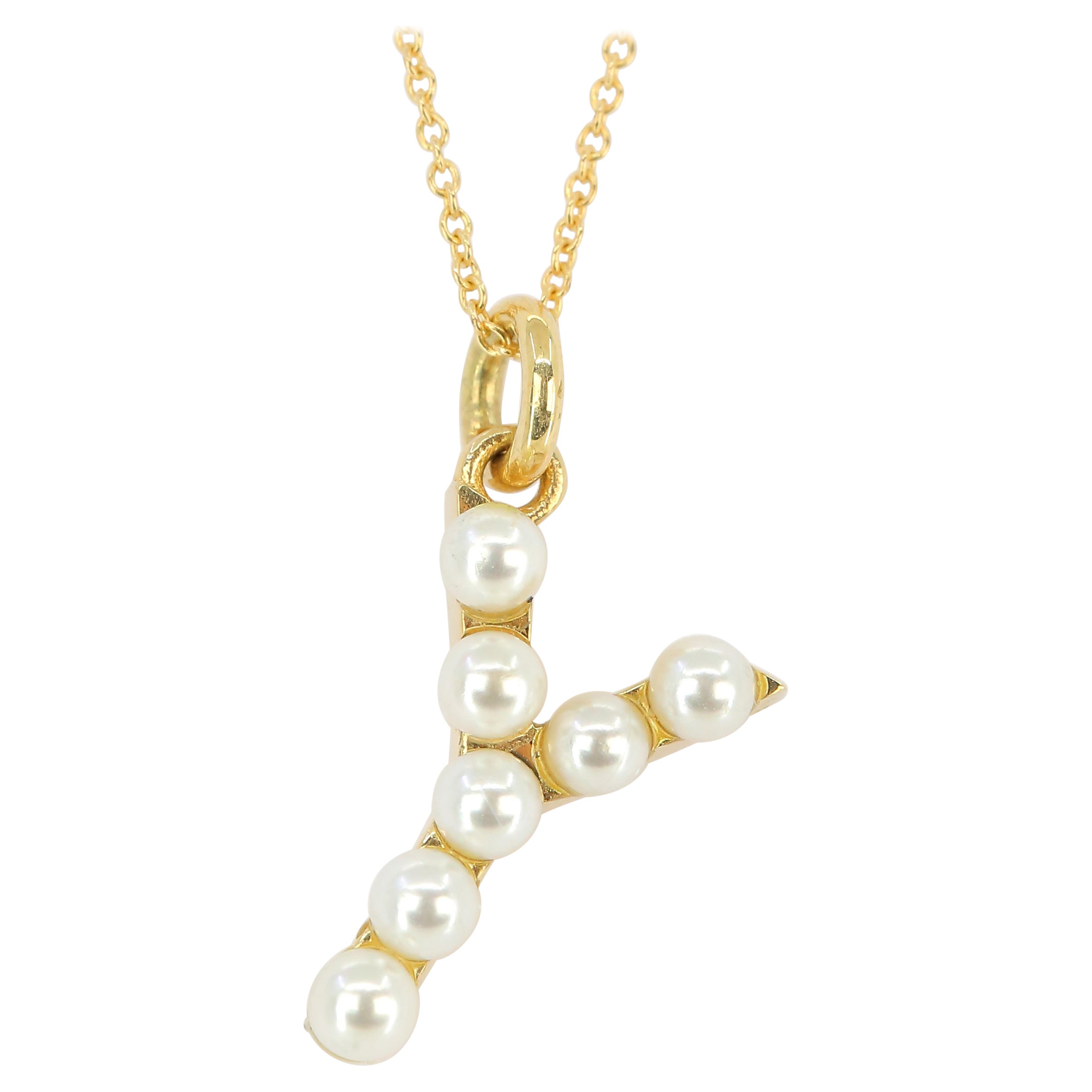 14K Gold und Perle Initial Buchstabe Y Halskette im Angebot