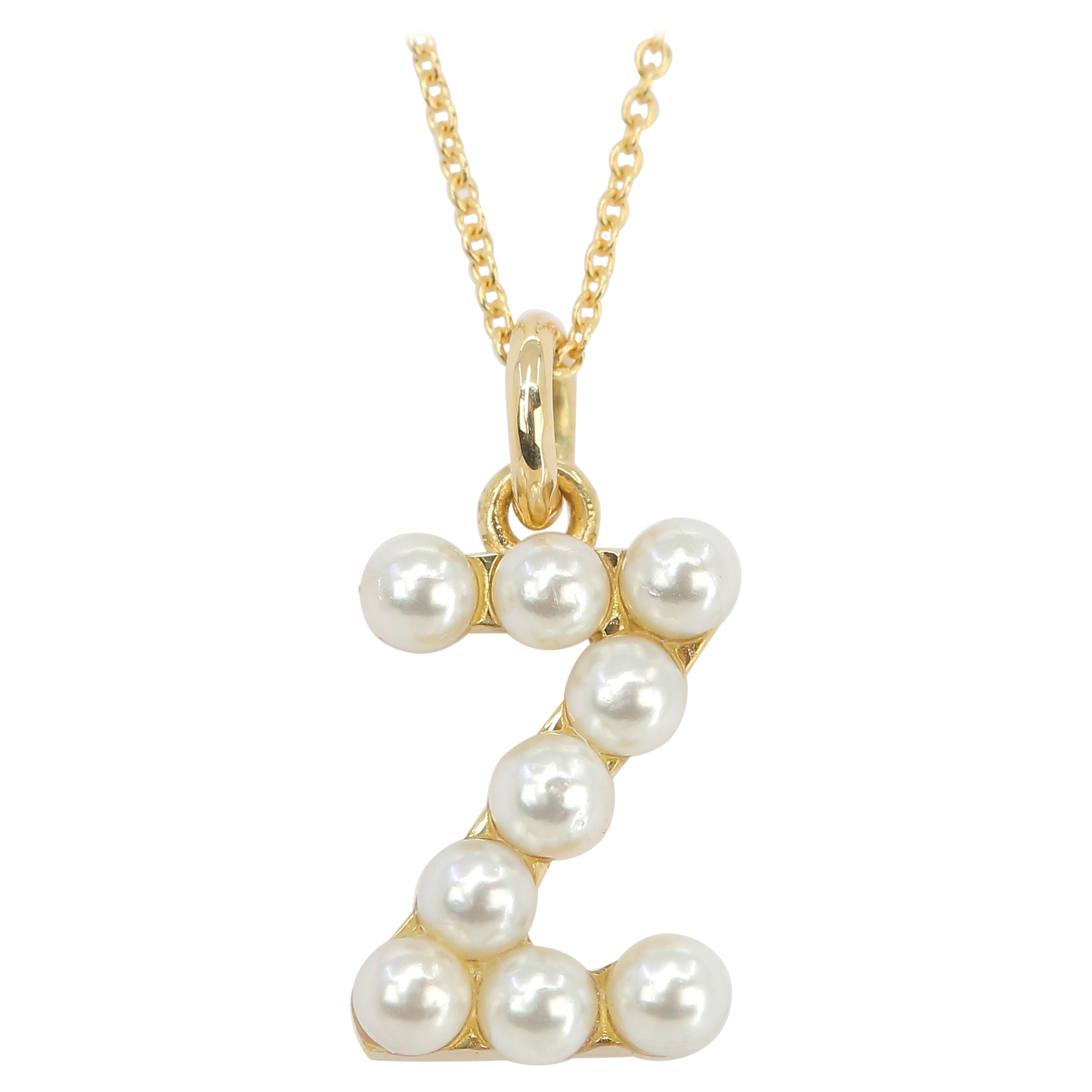 14K Gold and Pearl Initial Letter Z Necklace For Sale