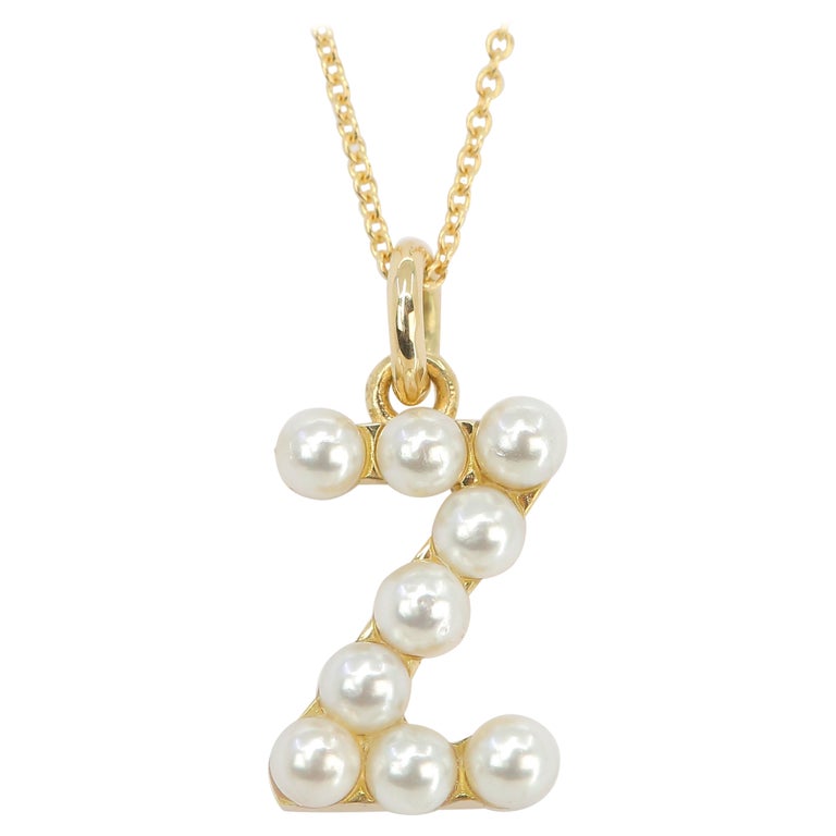 14K Gold and Pearl Initial Letter 'Z' Necklace For Sale at 1stDibs