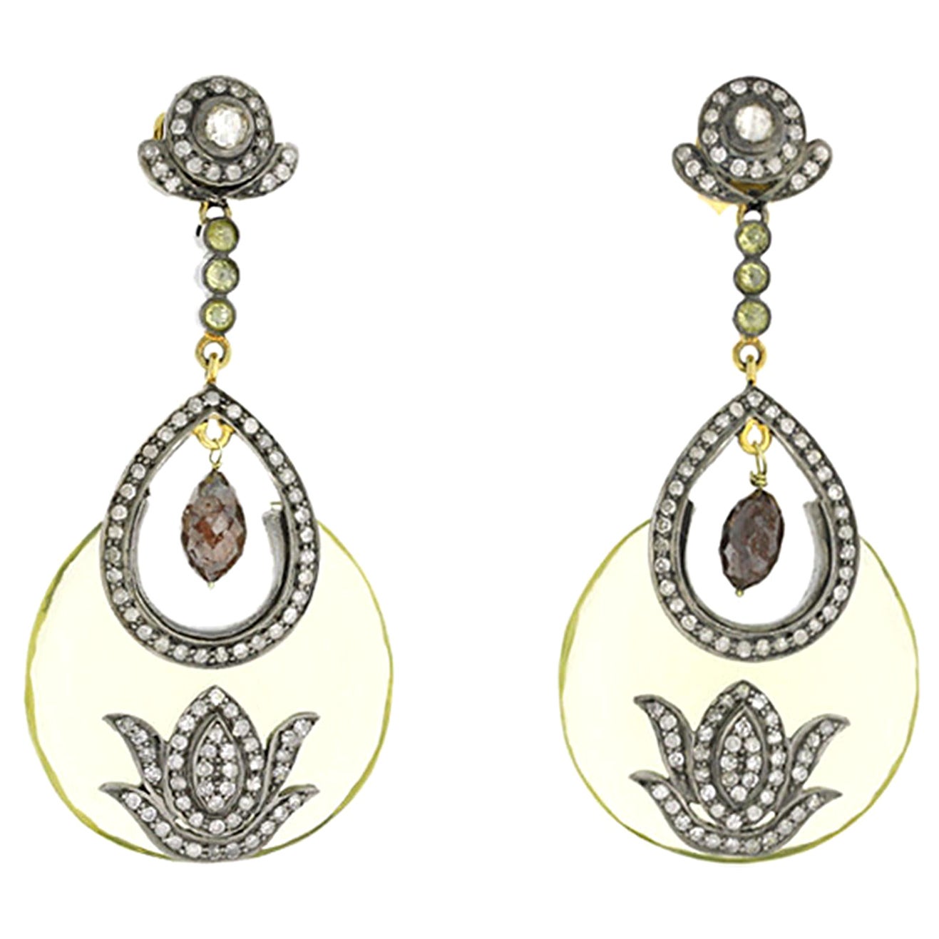 Lemon Quartz Earrings with Mounted Pave Diamonds in 18k Yellow Gold & Silver For Sale