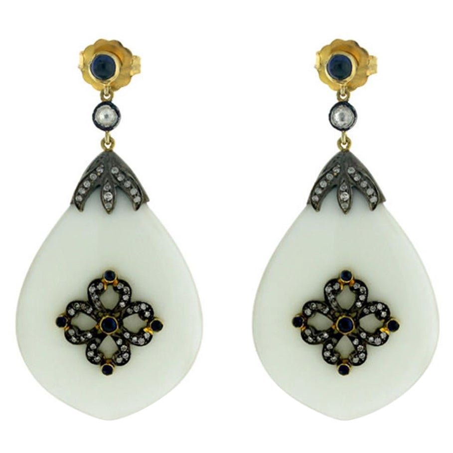 Agate White & Blue Sapphire Dangle Earrings with Diamonds in 18k Yellow Gold For Sale