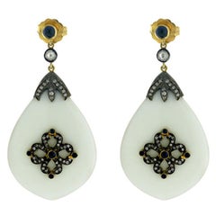Agate White & Blue Sapphire Dangle Earrings with Diamonds in 18k Yellow Gold