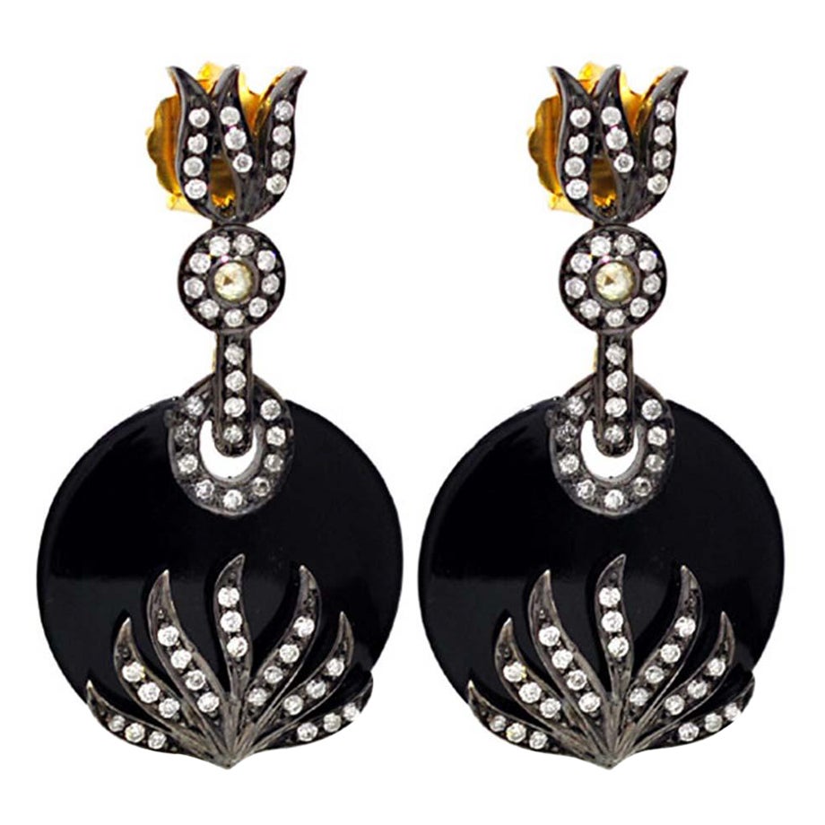 Black Onyx Dangle Earrings Accented with Diamonds Made in 14k Gold & Silver For Sale