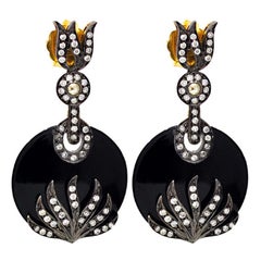 Boucles d'oreilles pendantes en Onyx noir rehaussées de diamants en or 14k et argent