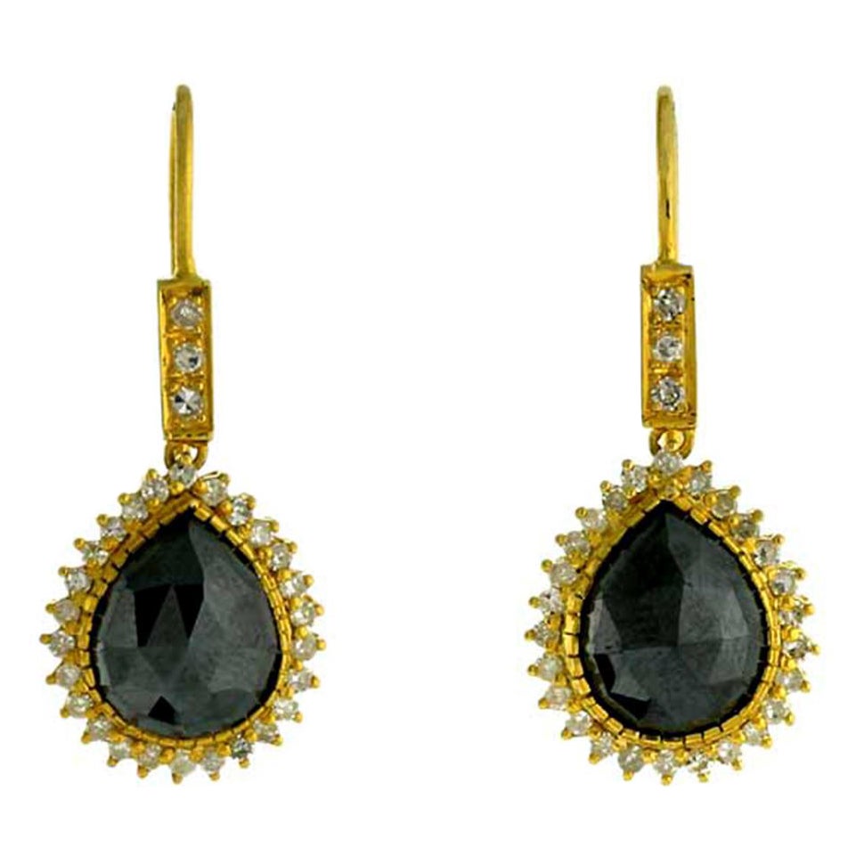 Designer Drop Shape Hematite and Diamond Earring in 18K Yellow Gold