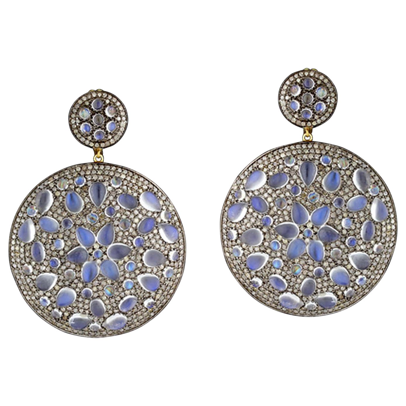 Pave Diamond Earrings Equipped with Moonstones Made in 14k Yellow Gold For Sale