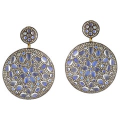 Pave Diamond Earrings Equipped with Moonstones Made in 14k Yellow Gold