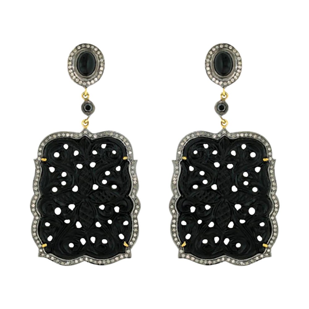 Carved Black Onyx Earrings with Diamonds Made in 18k Gold & Silver For Sale