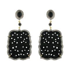 Carved Black Onyx Earrings with Diamonds Made in 18k Gold & Silver