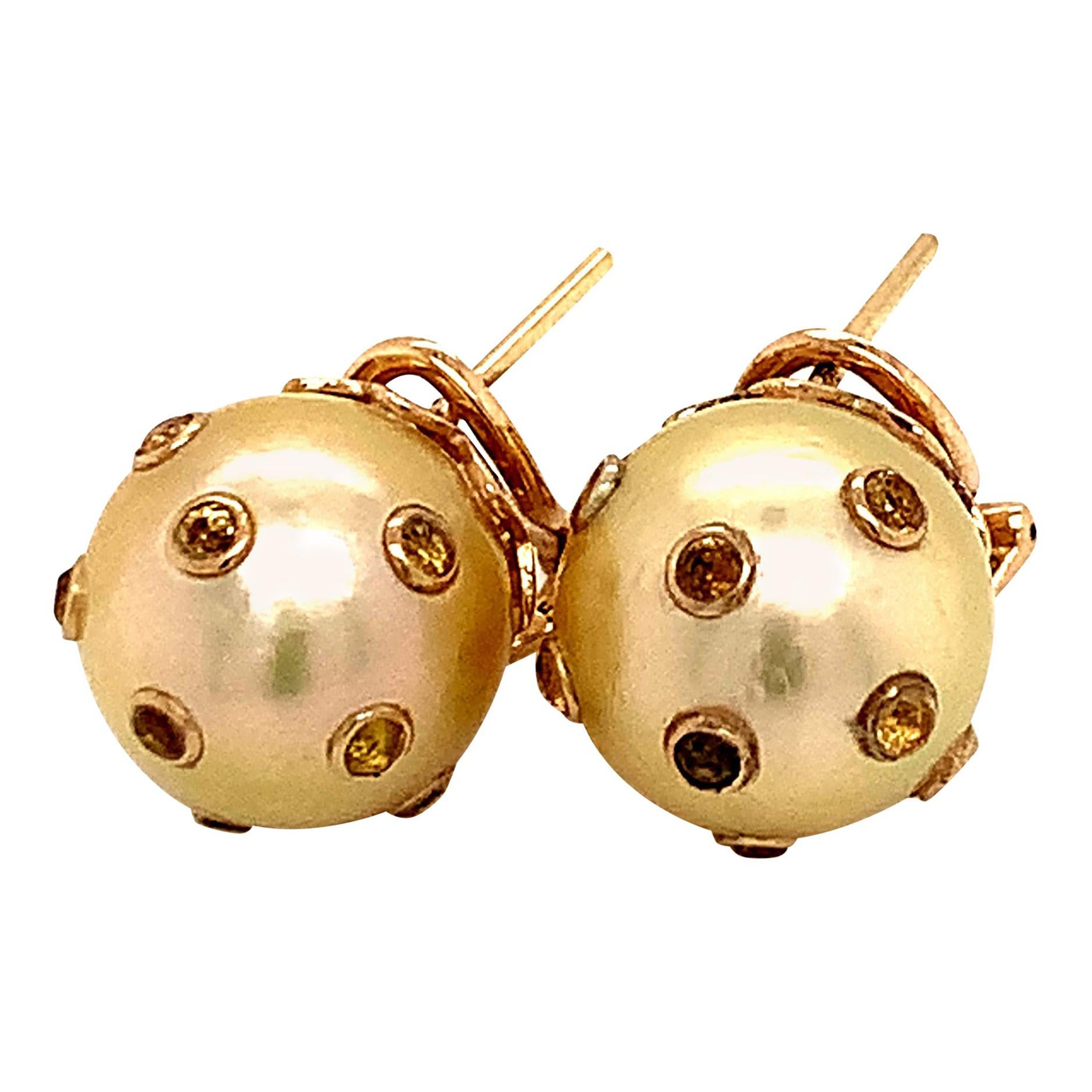 Boucles d'oreilles en or 14 carats avec perles des mers du Sud et saphirs certifiés 11,33 mm