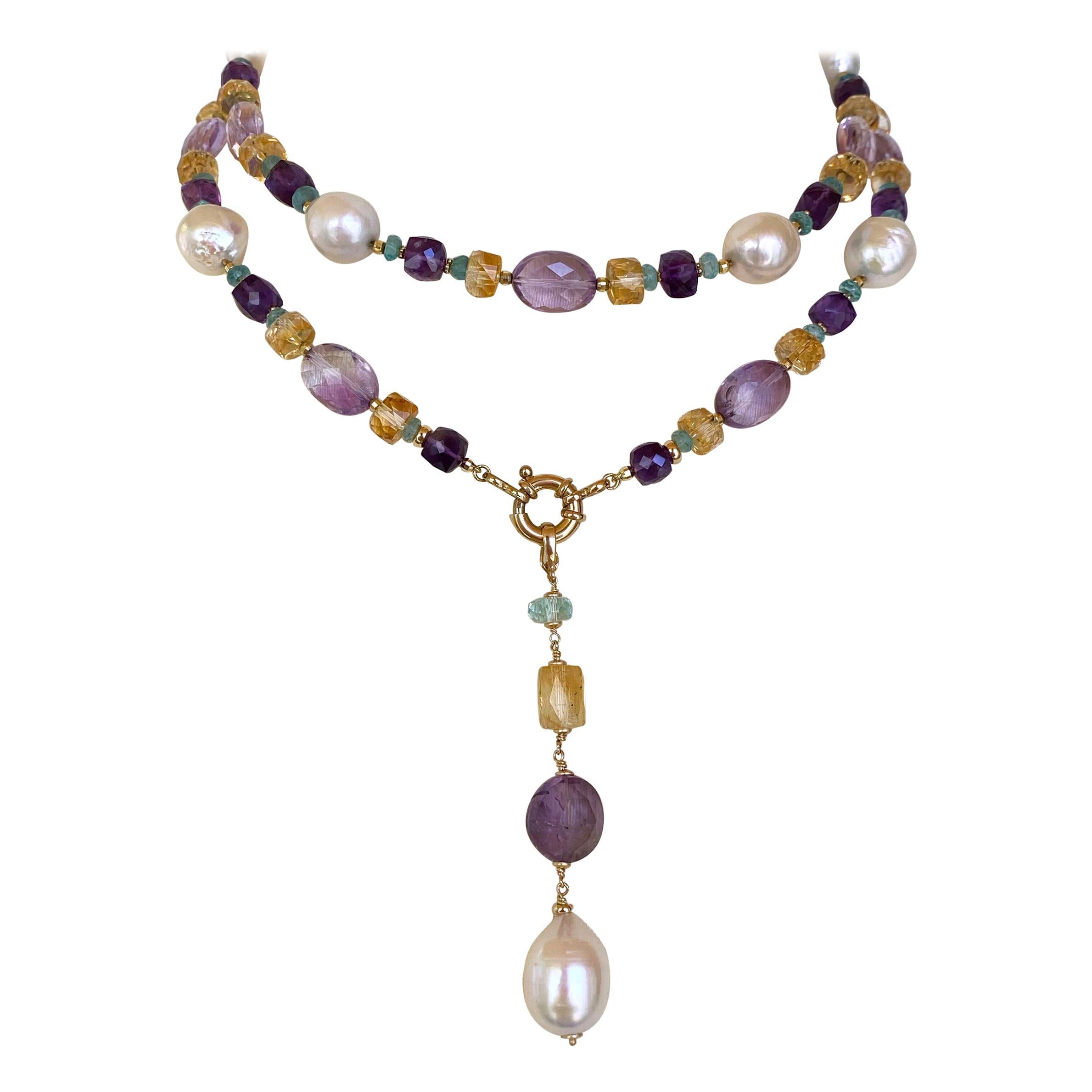 Marina J. Sautoir multi-pierres et perles avec pampille pendante et or jaune 14 carats