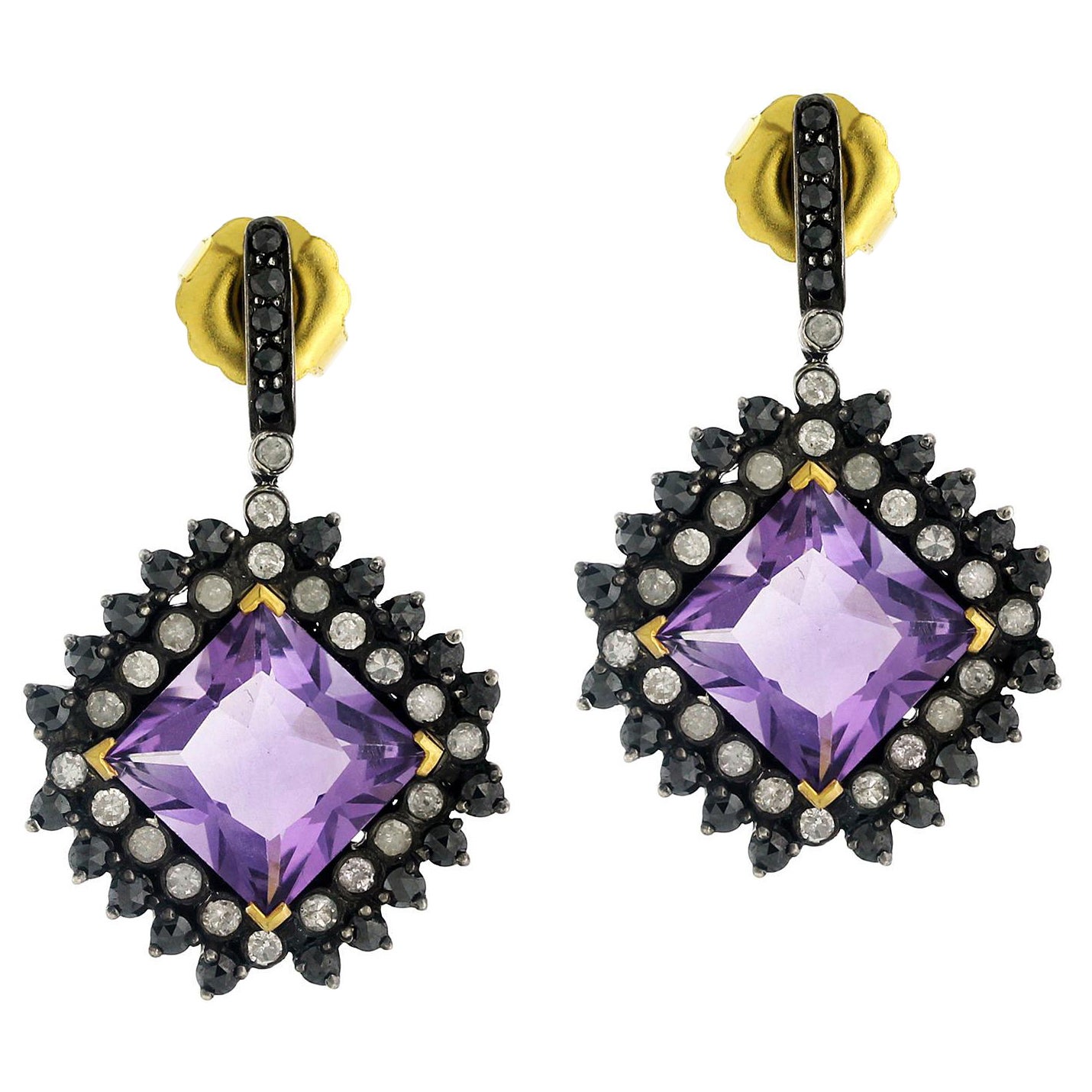 15.25cts Amethyst Drop Earring with Black and White Diamond in Silver and Gold For Sale