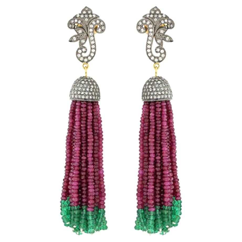 Emerald & Ruby Tassel Earrings with Diamonds Made in 18k White Gold & Silver For Sale