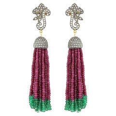 Emerald & Ruby Tassel Earrings with Diamonds Made in 18k White Gold & Silver