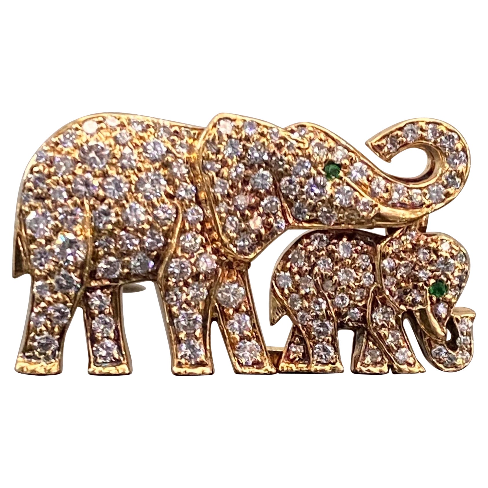 Cartier Vintage Diamond Emerald Elephant Baby Calf Brooch Pin Yellow Gold, 1990s
