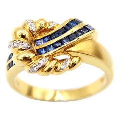 Baguette Velvety Blue Sapphire Strap Diamond Braid Buckle 18K Gold Ring