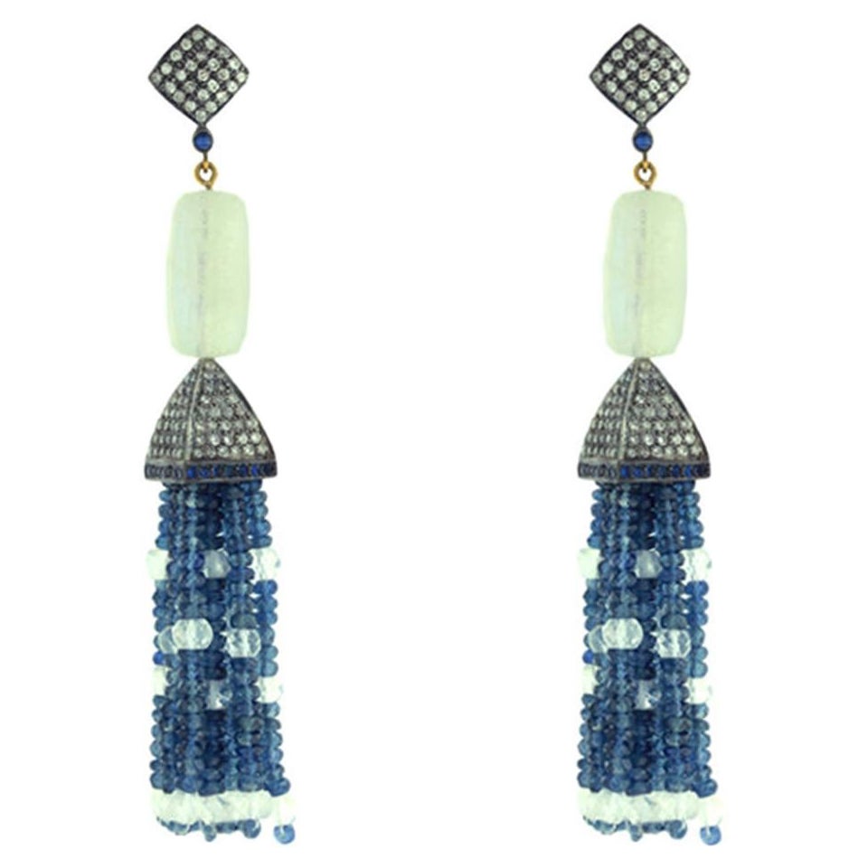Designer Sapphire, Moonstone, Crystal and Diamond Drop Tassel Earring in Gold For Sale