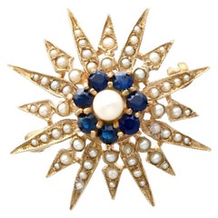 Vintage Victorian Style Sapphire and Pearl 9k Yellow Gold Star Brooch