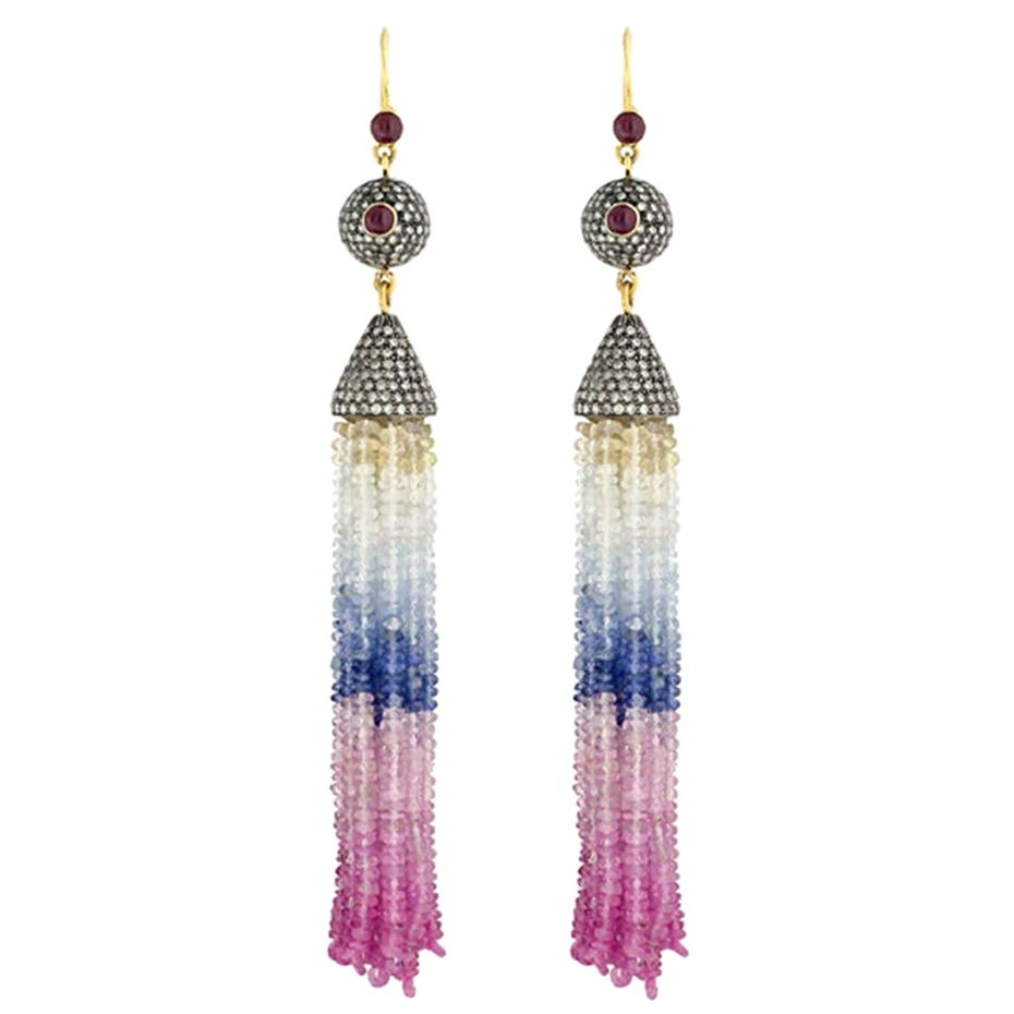 124cts Multi Color Sapphire Diamond & Ruby Tassel Earring In 18k Gold and Silver For Sale