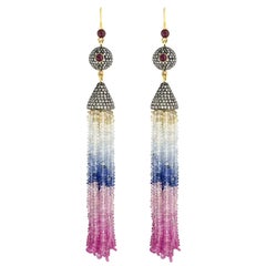 124cts Multi Color Sapphire Diamond & Ruby Tassel Earring In 18k Gold and Silver