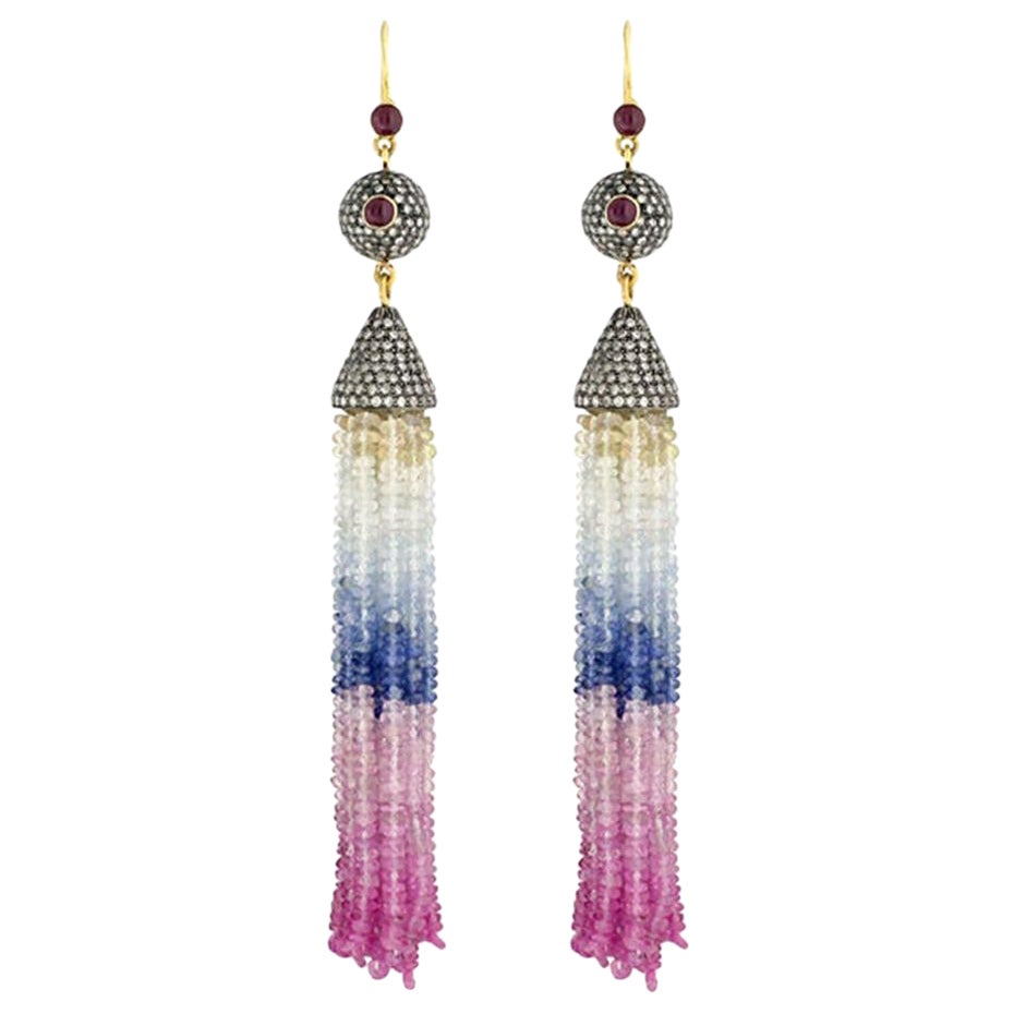 124cts Multi Color Sapphire Diamond & Ruby Tassel Earring In 18k Gold and Silver