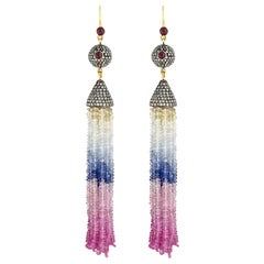 124cts Zafiro Multicolor Diamante Y Rubí Pendiente De Borla En Oro De 18k Y Plata