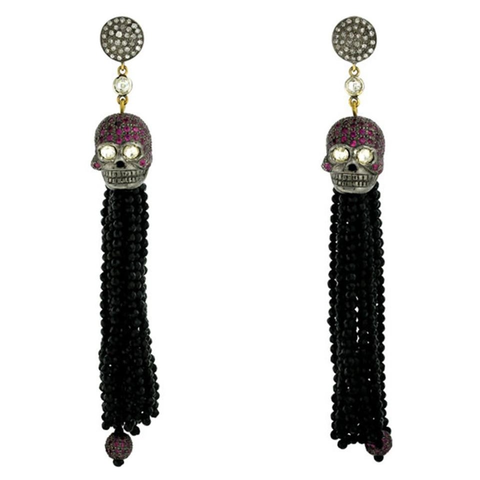 Designer Skull Tassel Earring with Ruby, Diamond and Onyx in Silver and Onyx For Sale