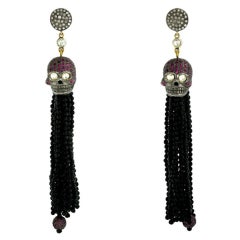 Designer Skull Tassel Earring with Ruby, Diamond and Onyx in Silver and Onyx