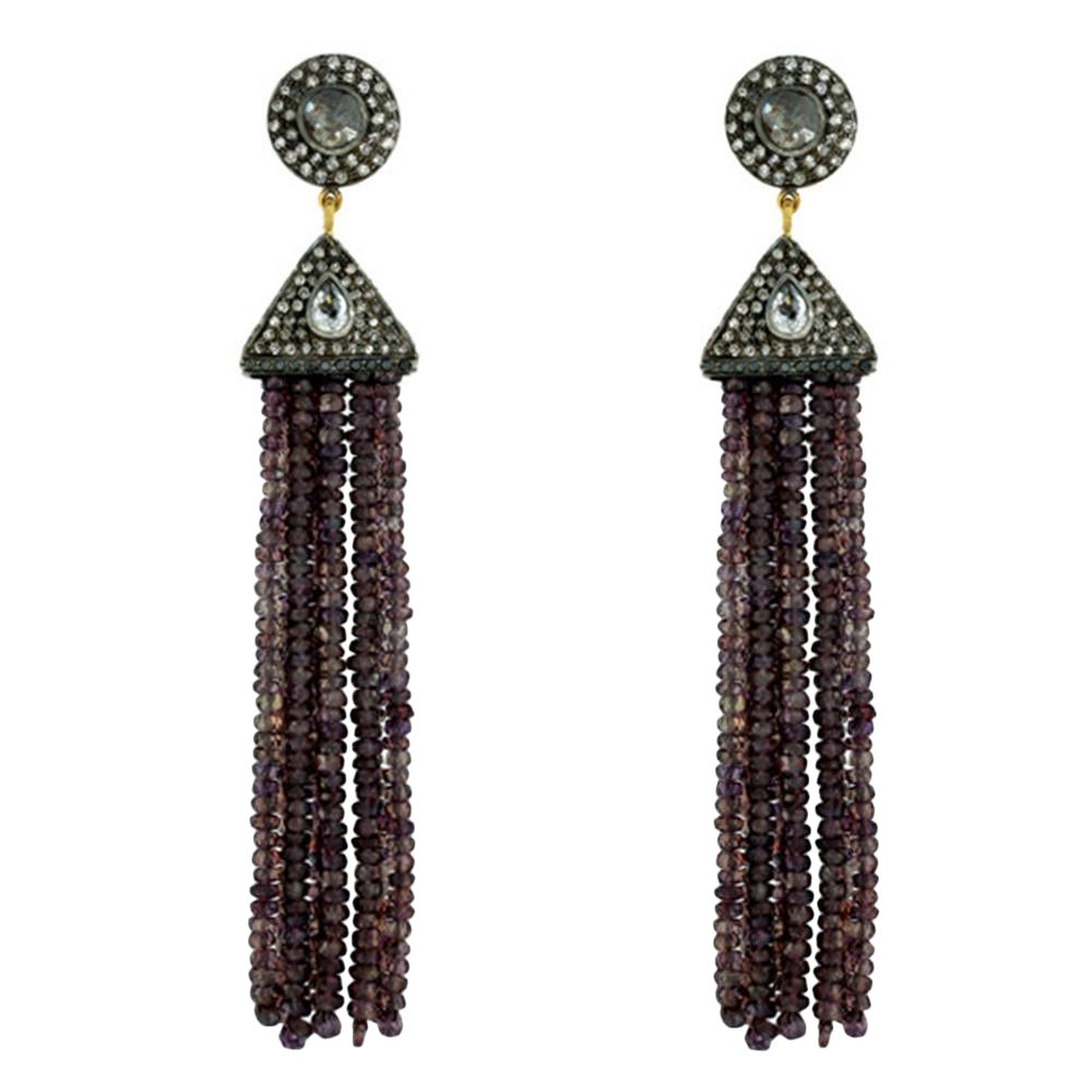 Sapphire & Blue Moonstone Tassel Earring with Diamonds Made in 18k Gold & Silver For Sale