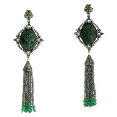 Designer Vintage Looking Cameo Tassel Earring with Diamond and Sapphires in Gold