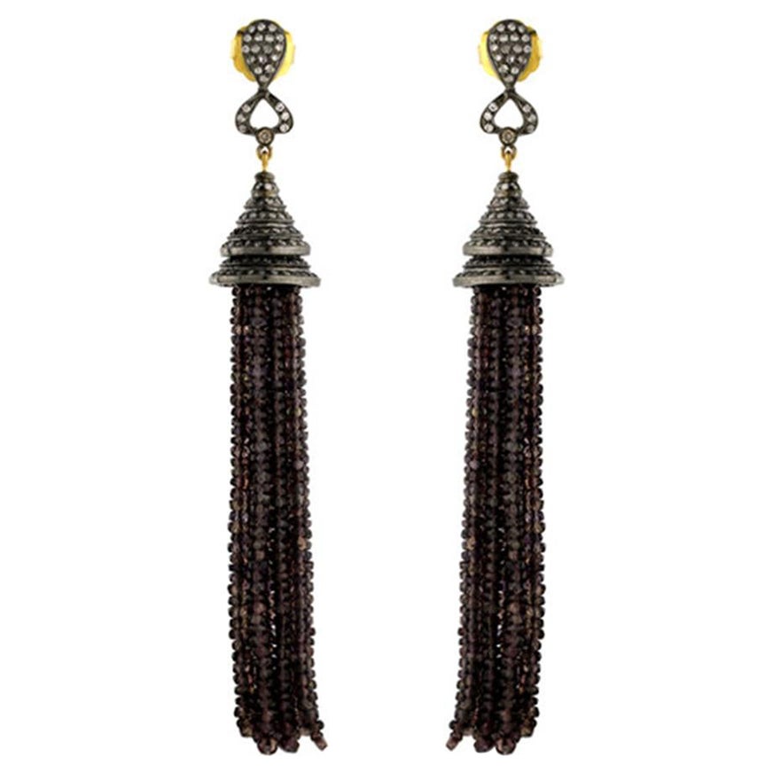 Sapphire Tassel Earrings with Pave Diamonds Made in 18k Yellow Gold & Silver For Sale