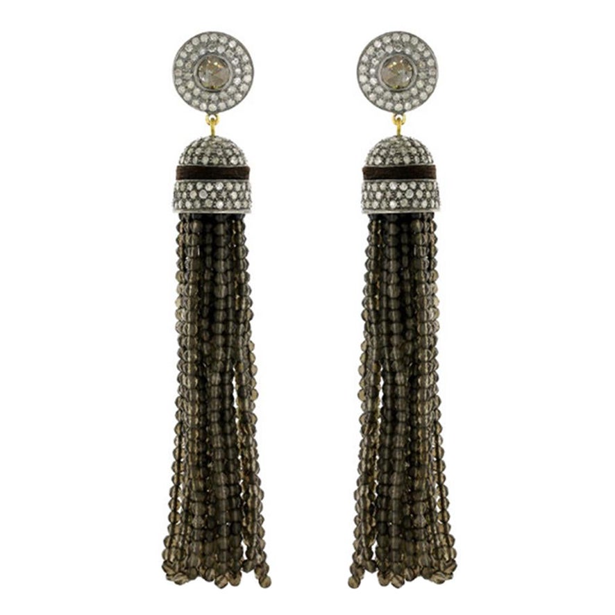 5.19cts Diamond with Brown Quartz Tassel Dangle Earring in Gold and Silver For Sale