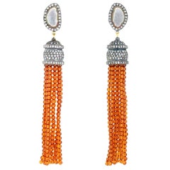 Boucles d'oreilles uniques en or jaune et argent 18 carats, ambre, diamant, géode et pompon