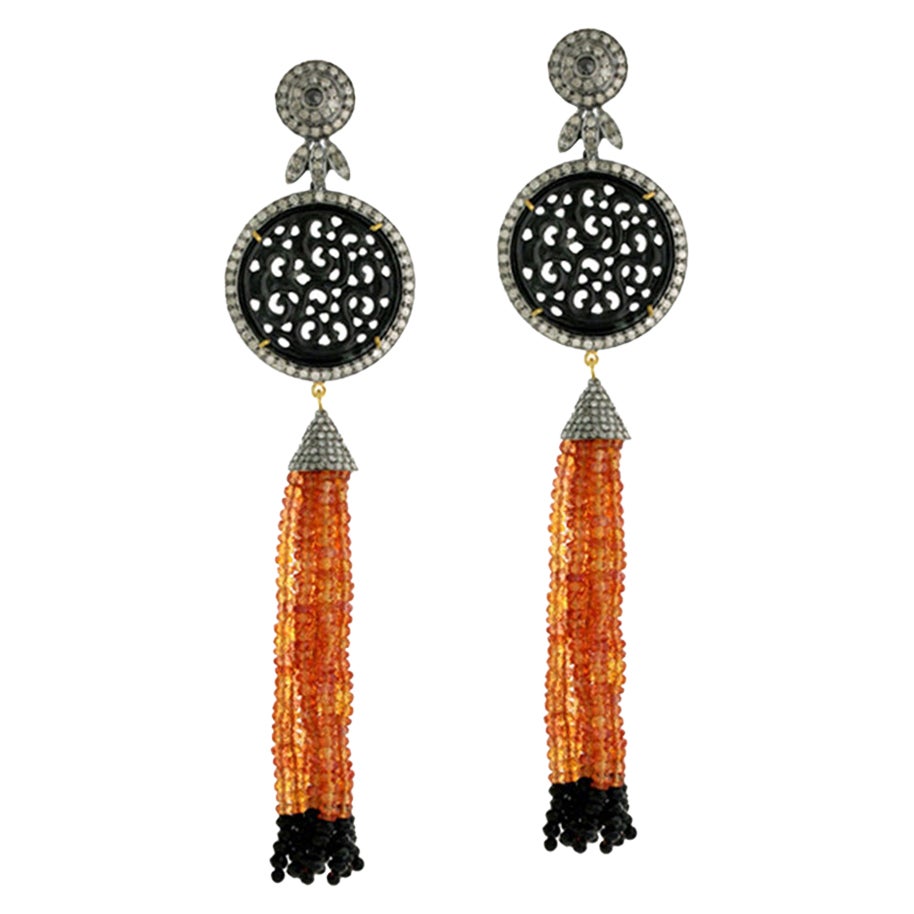 Hand Carved Onyx and Orange Sapphire Tassel Earring with Diamonds in Gold Silver
