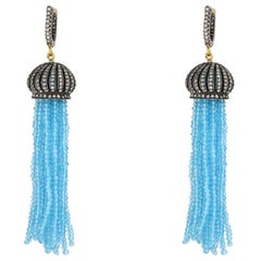 Blue Topaz Diamond and Tassel Earring in Gold and Silver