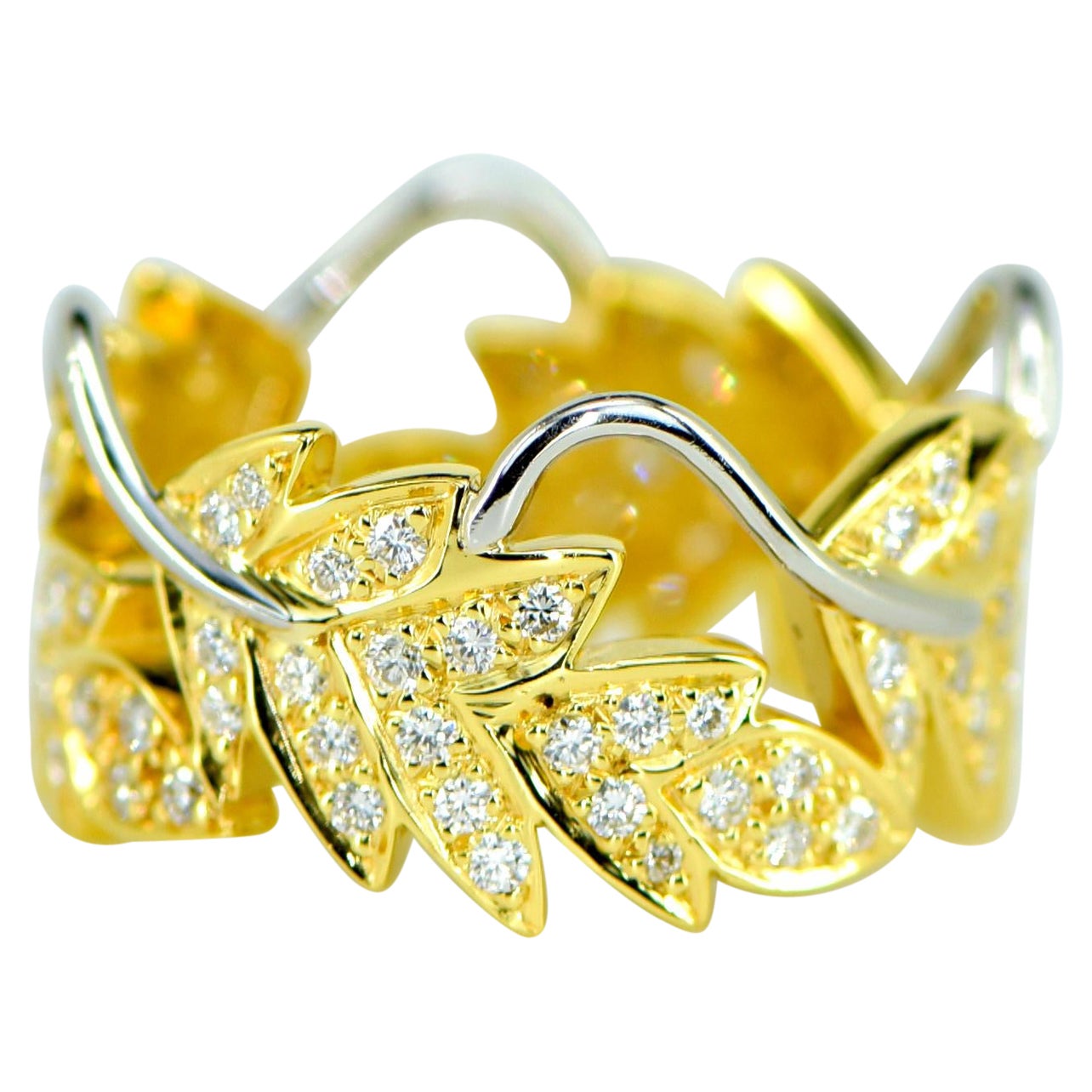 Platinum and 18 Karat Yellow Gold Diamond Leaf Ring, .75ct For Sale