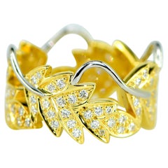 Platinum and 18 Karat Yellow Gold Diamond Leaf Ring, .75ct