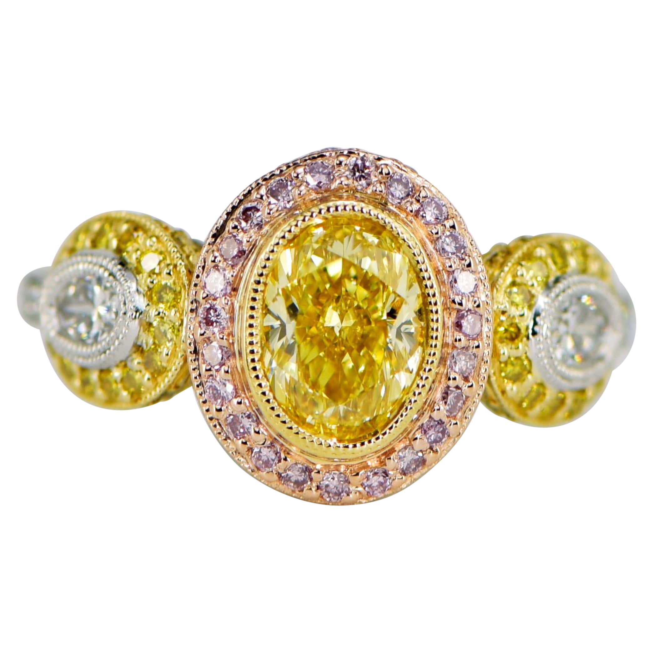 GIA Cert 1.27ct Oval Fancy Intense Yellow Platinum Diamond Ring For Sale