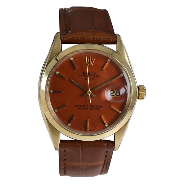 Rolex 14Kt. Solid Gold Oyster Perpetual Date with Custom Finished Dial, 1970s For Sale