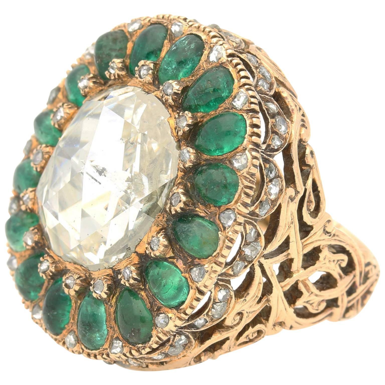 1890s Ottoman Emerald Cabochon Rose Cut Diamond Gold Platinum Ring