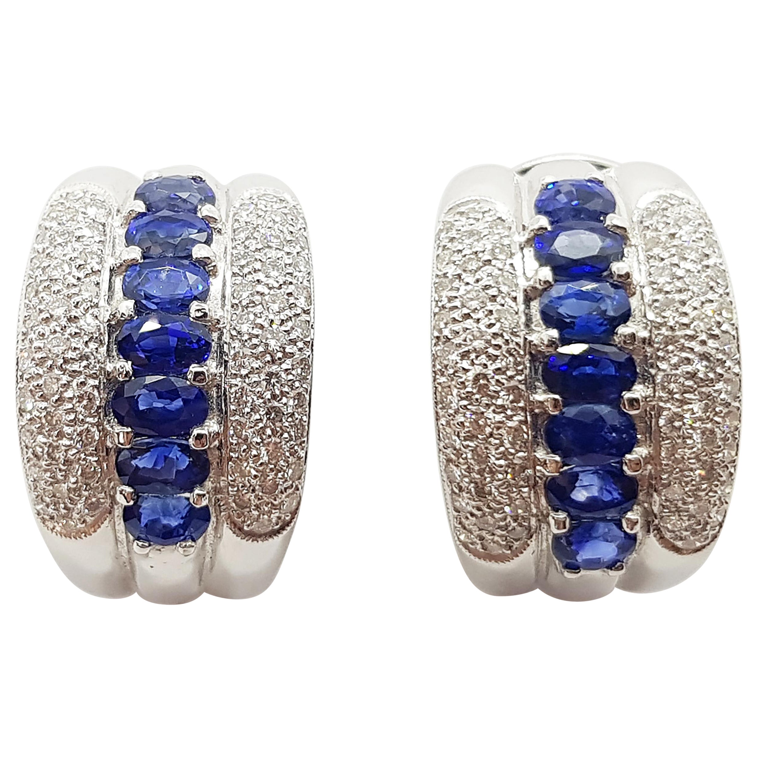 Blue Sapphire with Diamond Earrings Set in Platinum 900 Settings For Sale