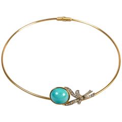18 K Gold Turquoise And Diamonds Choker Necklace