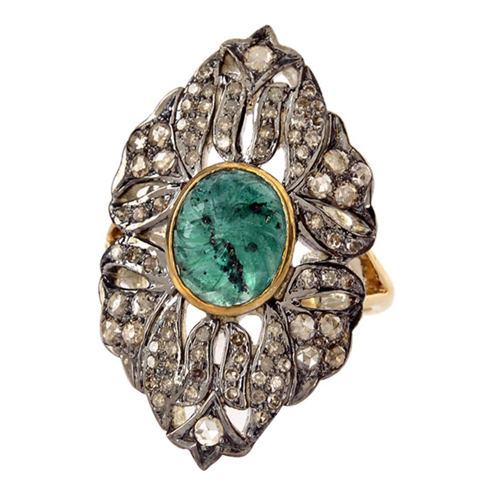 Designer Filigree Work Emerald and Pave Diamond Ring in Gold and Silver For Sale