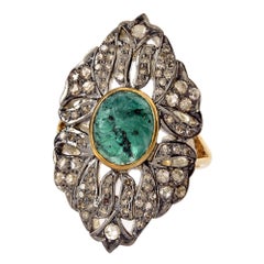 Designer Filigree Work Emerald and Pave Diamond Ring in Gold and Silver