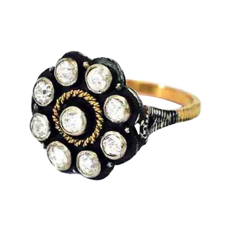 Flower Shape Diamond Ring in Silver and 14K Gold For Sale
