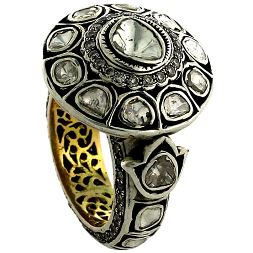 Victorian Looking Designer Rose Cut Diamond Ring in Silver and Gold