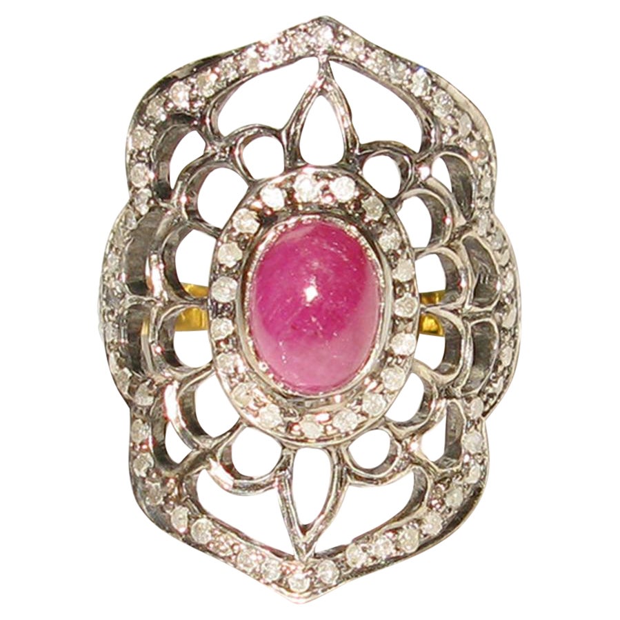 Dome Shape Diamond and Ruby Designer Ring in Silver and Gold