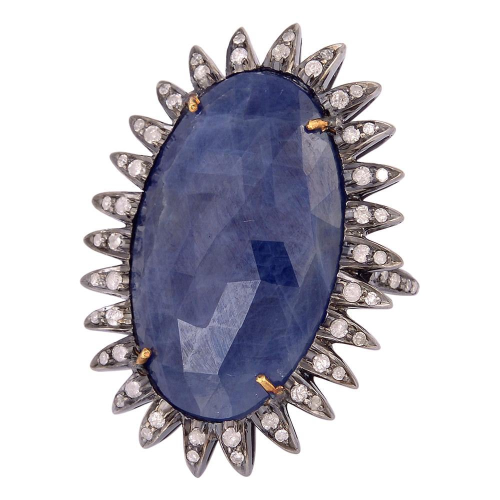 Sun Design Ring mit geschliffenem Saphir und Diamanten aus 18 Karat Gold und Silber