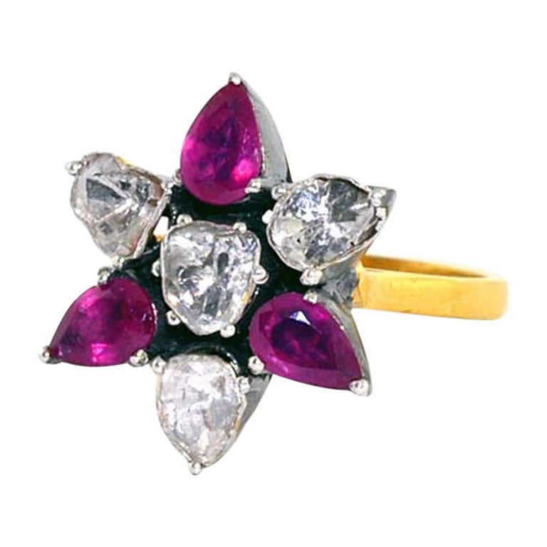 Designer Flower Ring with Ruby and Diamond in 14K Gold and Silver For Sale