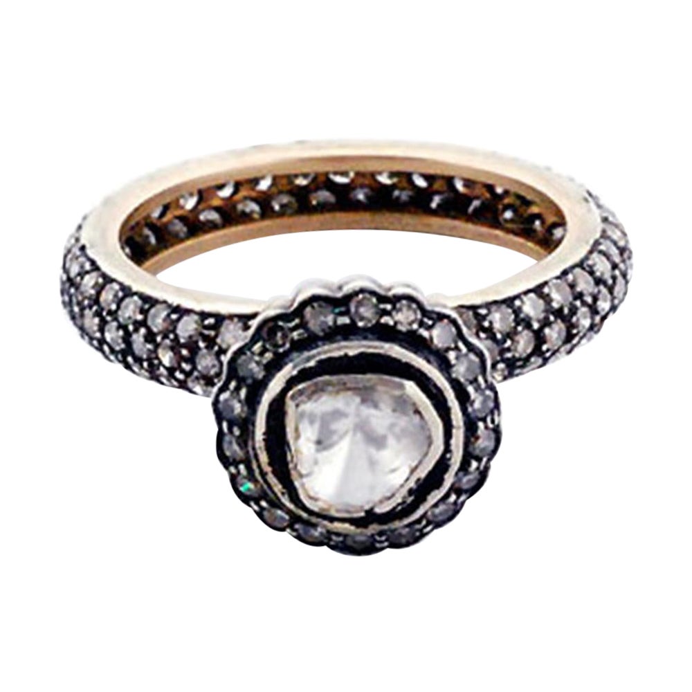 Bague solitaire en or et argent avec anneau en diamants taille rose et diamants pavés